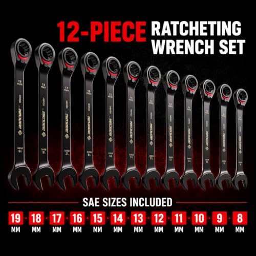 ironcube Reversible Ratcheting Wrench Set: 12-Piece Metric 8-19mm - Tough Black - Wax Canvas Storage Bag - Automotive and Motorcycle Repair Tools 12-Piece Metric Reversible