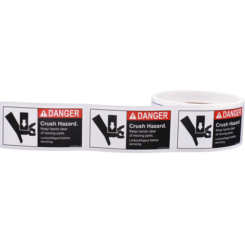 Crush Hazard ANSI Danger Labels, ANSI Warning Stickers - 1.5 x 3 Inch Safety Labels for Factories & Warehouses, Semi-Gloss Paper with Permanent Adhesive, 100 per Roll