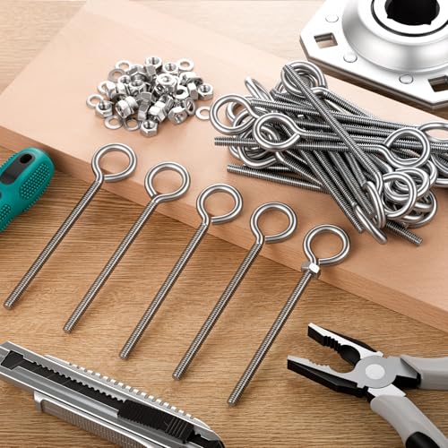 30 Set 1/4" x 4" Stainless Steel Long Threaded Eyebolts with Nuts and Washers Lifting Ring Bolts for Hanging or Securing Cables, Suspending Wood, Metal and Light Items(304 Stainless Steel)