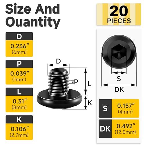 Mywish M6 x 8mm 20Pcs Flat Head Hex Socket Cap Screws Bolts & 240Pcs M6 Bolt Nuts and Bolts Assortment Kit, M6 Screw x 8/10/12/16/20/25/30mm, Metric Screw Assortment, Nuts and Bolts
