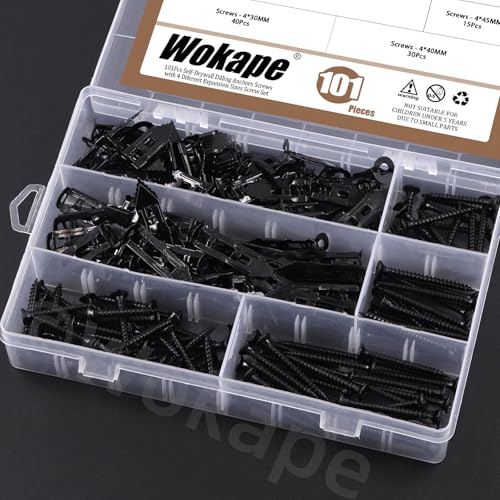 201PCS 100 Set Self-Drilling Anchors Kit, 4 Different Sizes Black Galvanized Expansion Screws Zinc Plated Carbon Steel Self Drilling Drywall Anchor No Drilling Required