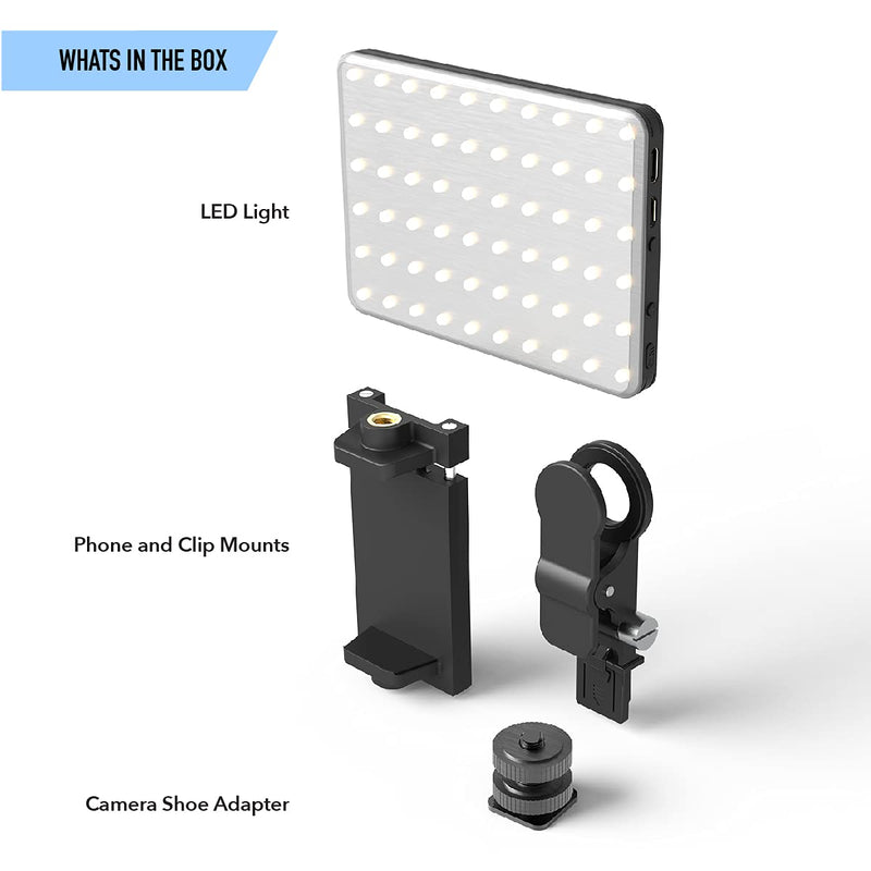 DigiPower #GoViral - The Influencer - Compact 60 LED Video Light (4W) | 10-Level Brightness, 3 Color Temperature Modes (3100K-5500K) | Includes Phone & Camera Adapter, Clip-On Mount & USB Cable…