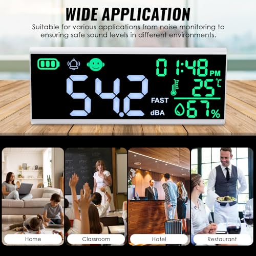 Decibel Meter 13 inches 30~130dB Sound Level Meter, Large LCD Display Wall Hanging Sound Gauge, Noise Level Detector, Decibel Monitoring Device, Time, Temperature, Humidity for Studio Classroom Home