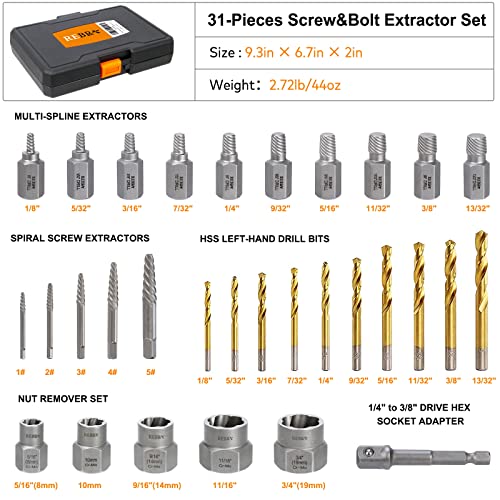 Screw Extractor Set, 37# Cr-Mo & 6542 HSS Steel Cobalt Left-Hand Drill Bit, Easy Out Broken Bolt Remover Reverse, Ez Out Stripped, Rounded-Off, Damaged Bolts, Screws&Studs Removal Tool (31-Pieces) 31-Pieces