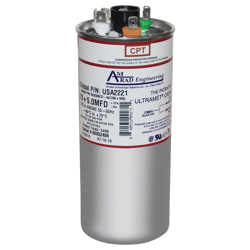 Goodman CAP050700440CT Replacement - 70 + 5 uf/Mfd 370/440 VAC AmRad Round Dual Universal Capacitor, Made in The U.S.A.
