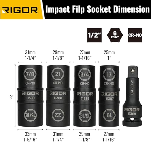 RIGOR 11386 1/2-Inch Drive Wheel Lug Nut Flip Socket Set, 5-piece | Impact, Cr-Mo Steel | 8-IN-4 Flip Socket, 17mm,19mm, 21mm, 22mm Metric Sizes & 3/4-Inch,13/16-Inch, 7/8-Inch,15/16-Inch SAE Sizes