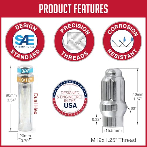Wheel Accessories Parts 20 Pcs + Key M12x1.25 12x1.25 Thread ET Bulge Acorn (Extra Thread) 1.57" Long Spline Lug Nuts Chrome Spline Hex Fits Most Subaru Nissan Pass Cars ET Spine