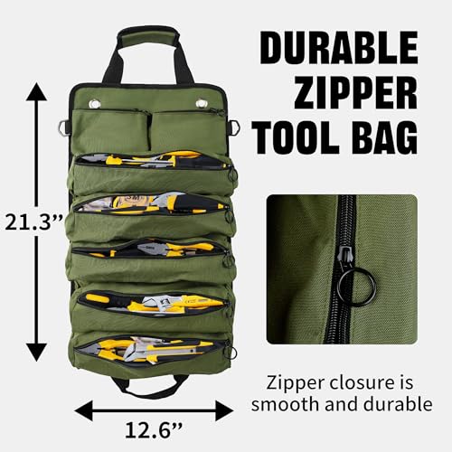 2-Piece Tool Bag Set, Black Roll-Up Waterproof Tool Organizer & Army Green Small Tool Pouch, Heavy-Duty Tool Storage Combo for Electrician, Mechanic, Carpenter, and DIY Projects