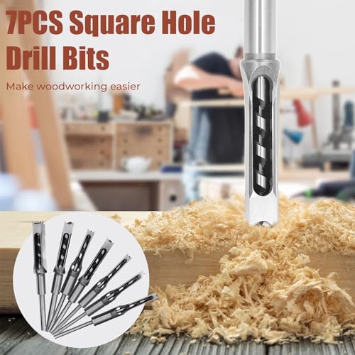 kimllier 7Pcs Square Hole Drill Bit, Stainless Steel Sharp Durable Mortising Chisel Set 6/25, 1/4, 5/16, 3/8, 2/5, 1/2, 9/16 Inch