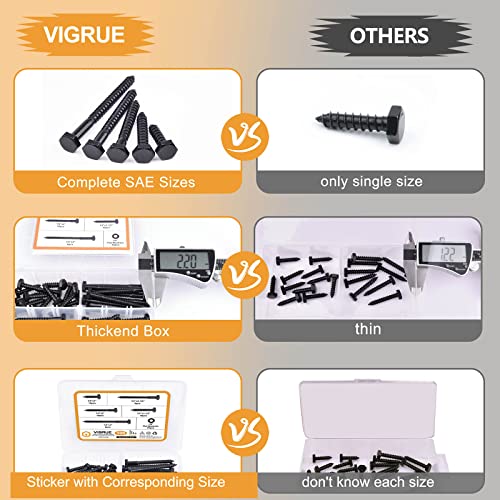 1/4" Hex Lag Bolts Stainless Steel 18-8 (304), VIGRUE 108PCS Black Oxidized, Hex Lag Screws Heavy Duty Wood Screws Washers Assortment Kit, Length Include 1" 1-1/2" 2" 2-1/2" 3" 1/4 x 1" to 3"