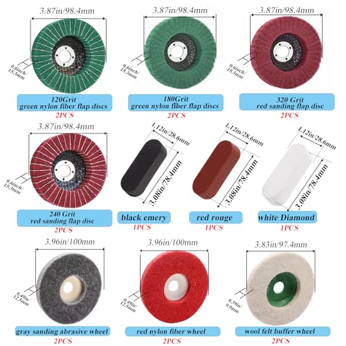 18 Pcs 4Inch Wheel Polishing Kit for Angle Grinder. Includes 14 Pcs Nylon Fiber & Wool Sanding Flap Discs,3 Pcs Buffing Polishing Compounds (Black, Brown, White) and Sanding Sponge