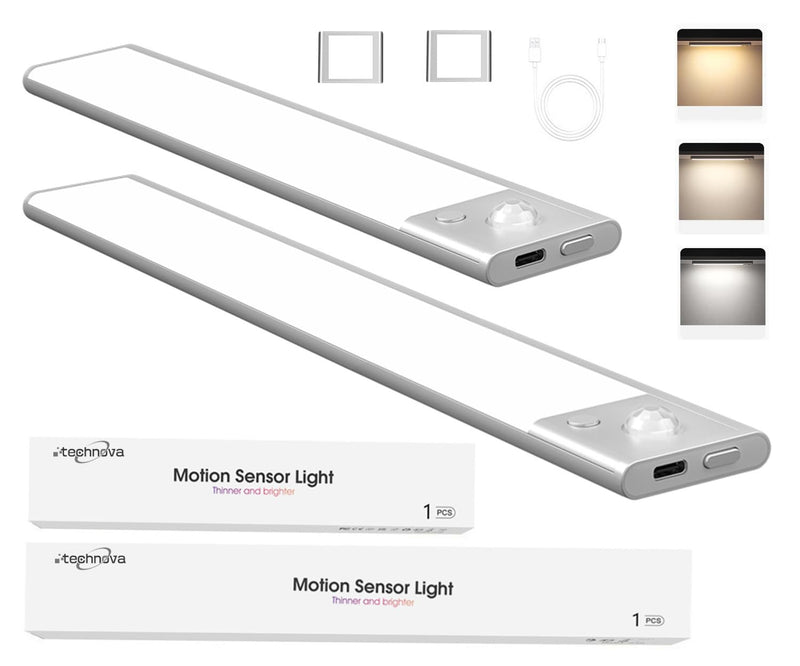 TECHNOVA Wireless Under Cabinet Lighting with Motion Sensor - 2-Pack Rechargeable LED Closet Lights for Kitchen, Bathroom, Bedroom