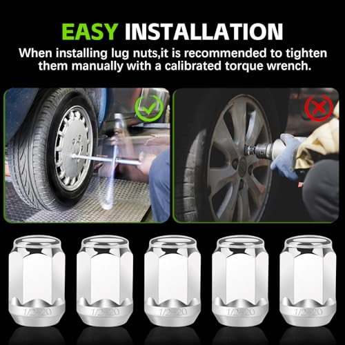 20PCS Chrome Closed End Bulge Acorn Style Lug Nuts, 1/2"-20 Thread Size - Conical 60 Degree Seat，for Ford Mustang 1964-2014,Ranger 1990-2010,Explorer 1991-2015,F-150 1989-1996 Silver