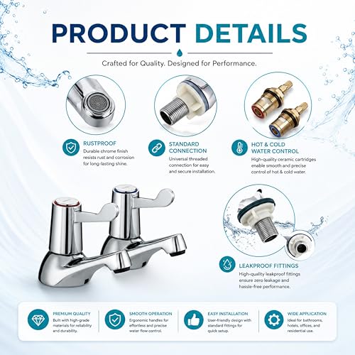 Pair of Bathroom Basin Sink Taps – Chrome Brass Pillar with Ceramic Lever, Hot & Cold Water Mixer, Modern Deck Mounted Basin Faucet for Bathroom or Kitchen Wash Basin