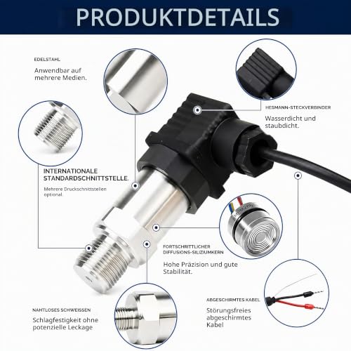 Stainless Steel Pressure Transducer, Pressure Sensor Silicon Pressure Transmitter Sensor Water Flow Sensor 4-20mA Output G1/4 Inch for Water Gas Oil (0-0.5 MPA) 0--1MPA