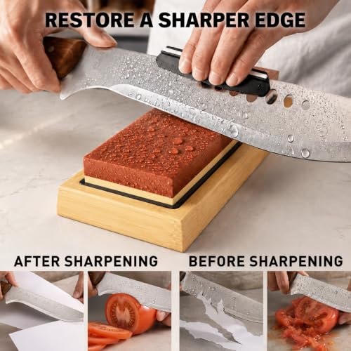 12-Piece Knife Sharpening Stone Set, Whetstone 4 Side 400/1000 3000/8000 Grit, Whetstone Knife Sharpener Stone Kit, Leather Strop, Angle Guide, Flatting Stone, Polishing Compound, Honing Guide Upgraded Version Blue