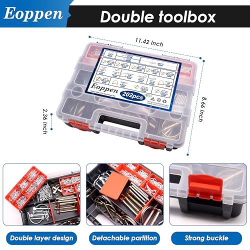 202Pcs Hitch Pins Clip Pins Linch Pins PTO Pins and Shaft Locking Pins Assortment Kit 5 Styles Pin Fasteners for Trailers, Tractors, Trucks, Lawn Mower