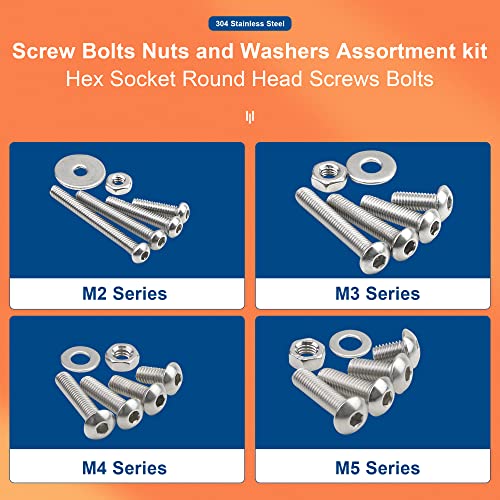 NINDEJIN M2 M3 M4 M5 Stainless Steel Hex Socket Head Cap Screw Machine Screws Bolts & Flat Washers & Nuts Assortment Kit with Allen Key(Socket Head + Round Head)