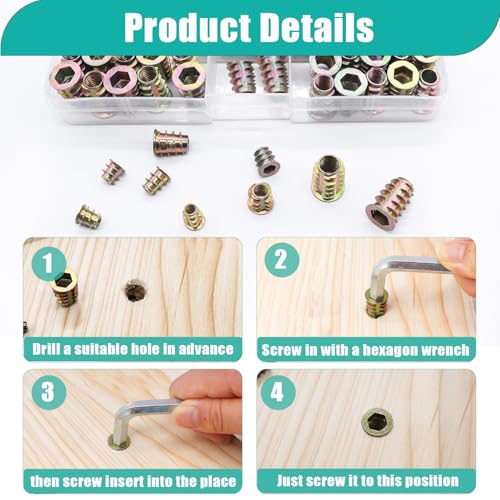 Taiss 170PCS Threaded Inserts Nuts,6 Sizes Wood Threaded Insert Kit+30 Sets 1/4-20 x 3/4" Furniture Screw Nut Threaded Inserts for Wood+30pcs 1/4-20 x 3/4" Flat Head Socket Head Screw