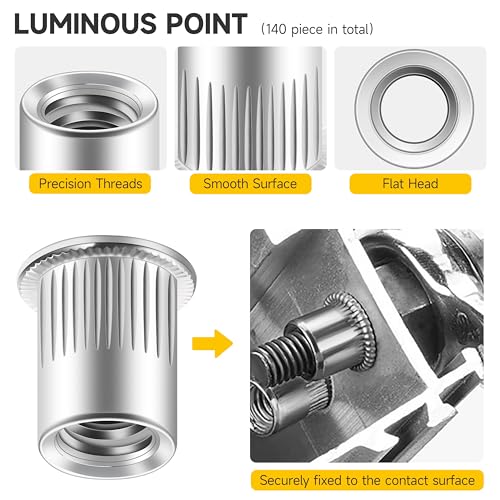Mywish 50Pcs 3/8 Rivet Nuts & 140Pcs Rivet Nut Rivet Nuts Assortment Kit, #8-32#10-24 1/4"-20 5/16"-18 3/8"-16, 304 Stainless Steel Hardware Nuts, Knurled Body Rivnut Kit, Nutsert Threaded Inserts for