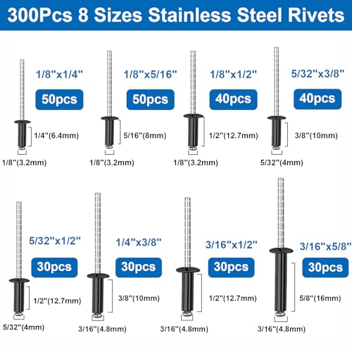 smseace 600Pcs Stainless Steel Black Pop Rivets with Washer Assortment Kit 8-Sizes Stainless Rivets(1/8Inch 5/32Inch 3/16Inch) for Metal,Furniture,Automotive,Instruments Black Stainless Steel 600Pcs 8-Sizes