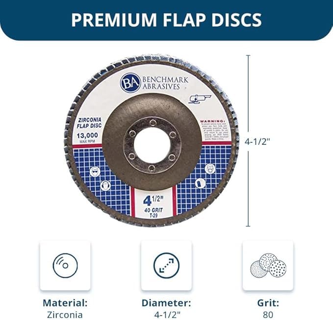 Benchmark Abrasives 4.5" x 7/8" Premium Zirconia T29 Angled Flap Discs 4 1/2 for Angle Grinder, Sanding Discs, Finishing, Rust, Stock Removal- Grinding Wheels 4 1/2 Inch (10 Pack) - 80 Grit