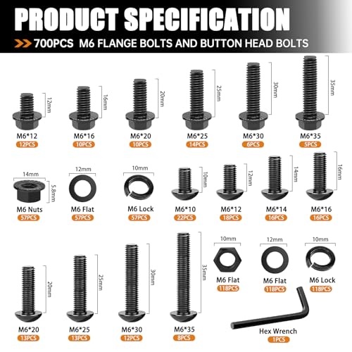 mankk 700PCS M6 Bolt Kits and 400PCS Metric Grade 10.9 Flange Bolts