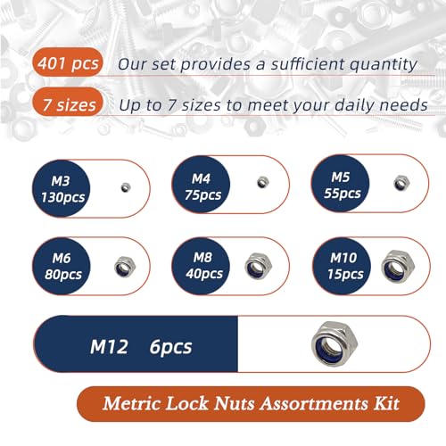 M6 x 1mm Metric Nylon Insert Lock Nuts (30pcs) + 401pcs Metric Nylon Insert Lock Nuts Assortment Set