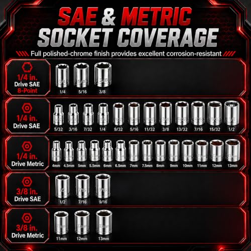 DuraMax Socket Set, 54-Piece Mechanic Tool Set with 1/4 & 3/8 Inch Drive SAE & Metric Sockets, Ratchet Wrench, Torx & Hex Bit Set, Extension Bar, Adapter and Storage Case