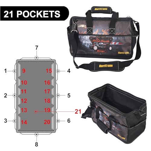 Hurricane Busted Knuckle Garage 16 Inch Wide Mouth Tool Bag with 21 Pockets, Large Inner Space and Water Proof Base Updated Tape Measure Holder with Extra Shoulder Strap