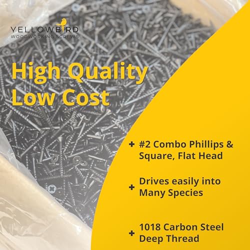 Yellowbird #8 x 1 Combo Square/Phillips Drive Flat Head - Countersinking Nibs - Deep Thread - Type 17 - Cabinet Assembly and Interior Work - Black Phosphate Wood Screw - Bit Included - 1000ct. 1000 1"