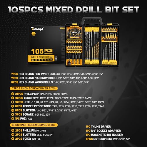 TOLESA 105pcs Drill Bit Set Titanium Coated, High Speed Steel Twist Driver Bit Set for Metal, Wood & Masonry, Screwdriver Bits Set, Countersink & More with Organizer Case 105