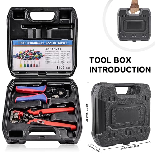 HKS Ferrule Crimping Tool Kit - Hexagonal Ferrule Crimper Plier (AWG 23-7) with Muti-use Wire Stripper & 1900Pcs Wire End-Sleeves Terminals Kit in Box Crimper 10-6+1900PCS+Stripper&Toolbox
