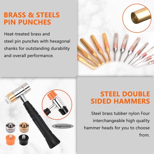 Pridefend Punch Set,Brass Punch Set and Roll Pin Punch Set Made of Solid Material Including Steel Pin Punch Set and Bench Block, Hammer with Detachable Heads,Punch Set with Portable Storage Case Brass Pin Punch Set