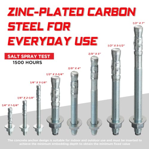 1/2" x 5-1/2" Heavy Duty Wedge Anchor Bolts for Concrete and Brick, Zinc Plated Masonry Anchors for Structural Use, 9 Pack 1/2" x 5-1/2"