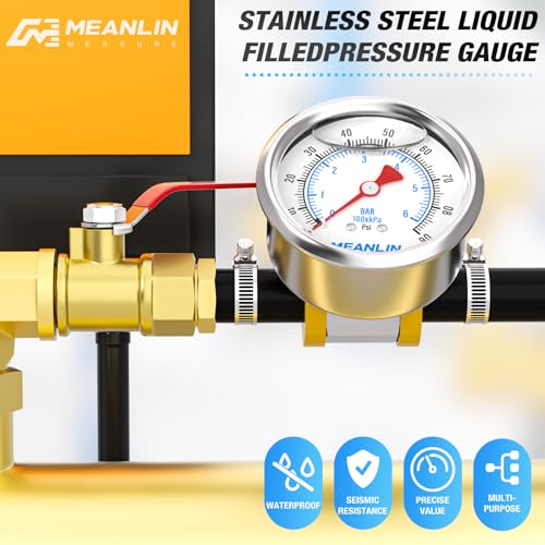 MEANLIN MEASURE 0~6BAR/90PSI Stainless Steel Glycerine Filled Fuel Pressure Gauge 1/8 Inch BSP 1.5 Inch Face Dial, with 1/2 Inch Fuel Line Pressure Adapter Liquid Filled Pressure Gauge (9 Pieces Kit Rear mounted (1/2 inch fuel line)