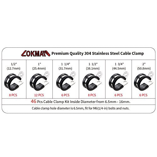 Cable Clamp Assortment Kit, LOKMAN 46 Pieces 304 Stainless Steel Rubber Cushion Insulated Pipe Clamps Assorted in 6 Size 1/2'' 1'' 1.25'' 1.5'' 1.75'' 2'' Assortment Kit (1/2-2 Inch)