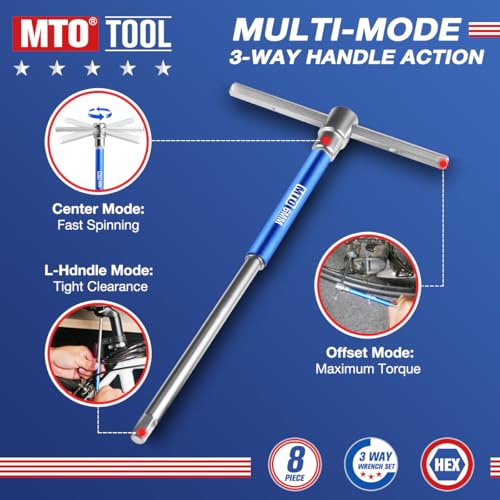 MTO Metric T-Handle Spinner Allen Key Wrench Set, 8-Piece 2-10mm, 3-Way Sliding Handle & Spinning Sleeve, CR-V Steel Hex Wrench with Storage Rack for Motorcycle, Car, DIY