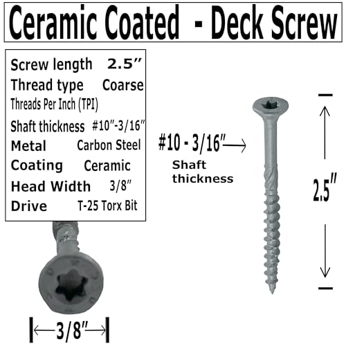 #10 x 2.5 Ceramic Coated Deck Screws, Length, T25 Drive, Rust Resistant, Grey Color, Qty (250) 250