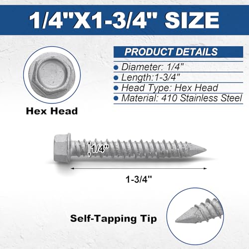 Tandefio 100 Pcs 1/4" x 1-3/4" 410 Stainless Steel Hex Concrete Anchor Screws Diamond Point Salt Fog Zinc Plated Silver Heavy Duty Anchors for Masonry Block Brick 1-3/4"