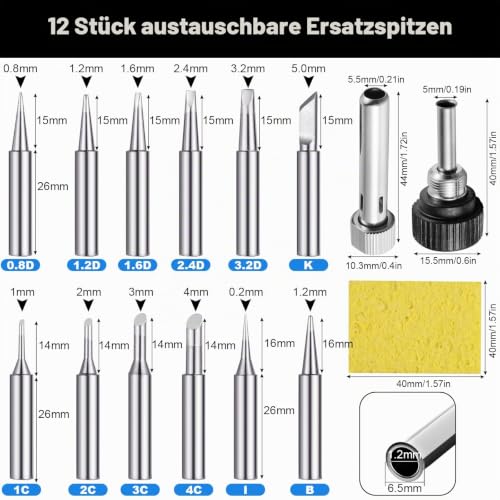 900M-T Soldering Tips, Pack of 12 Soldering Iron Tips & Soldering Tip Cleaner | Ersatzlötspitzen für Lötstationen, Bleifreie Lötkolben Lötspitze für Lötpistole, Lötstation & Schweißen, Löten (Silber)