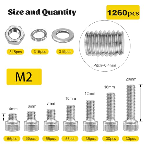 1500PCS M4 Hex Socket Button & Cap Head Bolts Assortment Kit and 1260Pcs M2 Hex Socket Head Bolts Assortment Kit with Nuts, Washers