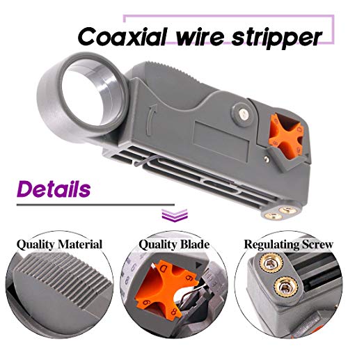 Swpeet 14Pcs Professional Coaxial Cable Tool Kit, Ratcheting Wire Terminal Coaxial Cable Tool Kit with 1Pcs Cable Stripper and 10pcs 50 Ohm Crimp Male/Straight Connectors for Coax Connectors