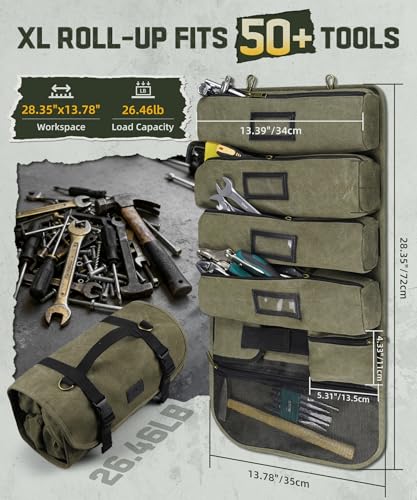 ARCFOX Washed Canvas Roll Up Tool Bag Green and Canvas Woodworking Apron