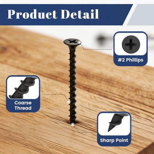Mellewell #6 x 1-1/4" Black Coarse Thread Sharp Point Self Tapping Drywall Screws, #2 Phillips Bugle Head Wood Screw for Dry Wall Sheetrock Wood, Drive Bit Included, 3 LB #6 x 1-1/4"