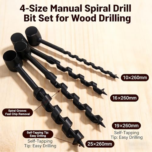4PCS Heavy-Duty Steel Scotch Eye Hand Auger Bits – Manual Wood Drill for Bushcraft, Camping, Hiking & Woodworking