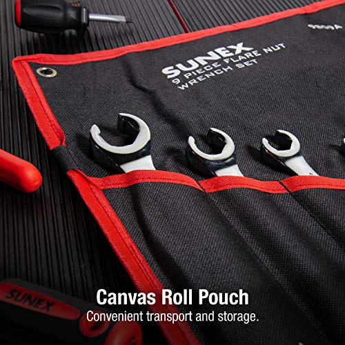 Sunex Tools 9809A Flare Nut Wrench Set, 1/4"x5/15" - 5/8" - 11/16", 9mm x 11mm - 19mm x 21mm, Fully Polished, 9-Piece (Includes Roll-Case), SAE & Metric