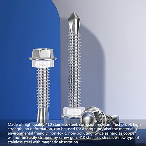 Wensilon (50Pcs)#14×7" Hex Washer Head Self Drilling Screws, 410 Stainless Steel Metal SheetScrews，TEK Screws, Self Drilling Screws, Self Tapping Screws,Extensions Extra Long Screws #14×7” Silver