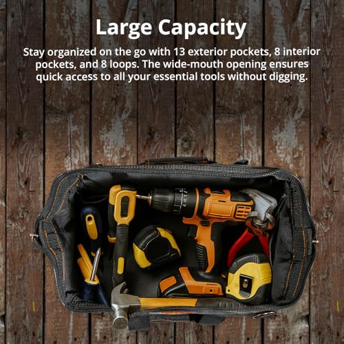 WOLF 16" Wide Mouth Tool Bag with Molded Base | Heavy-Duty 1680D Nylon | Electrician & Contractor Organizer