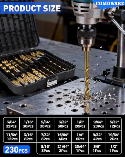 COMOWARE 230 Pcs Titanium Coated Drill Bit Set for Wood, Metal, Plastic & Aluminum Alloy - 3/64" to 1/2" with Storage Case